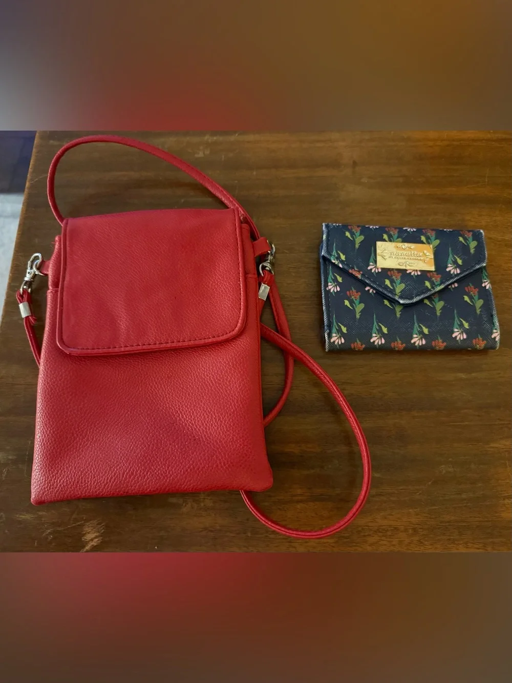 Red Leather Crossbody Bag (probably not real leather) and small wallet